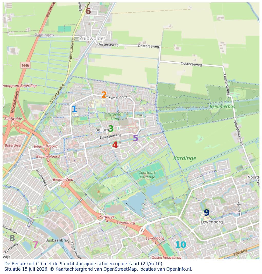 Kaart van de school met de tien dichtsbijzijnde scholen. Hierbij zijn de scholen genummerd van 1 tot en met 10. Nummer 1 is toegekend aan de schoolvestiging zelf: De Beijumkorf.
