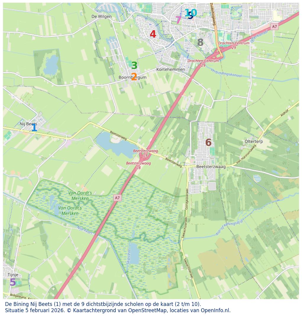 Kaart van de school met de tien dichtsbijzijnde scholen. Hierbij zijn de scholen genummerd van 1 tot en met 10. Nummer 1 is toegekend aan de schoolvestiging zelf: De Bining Nij Beets.