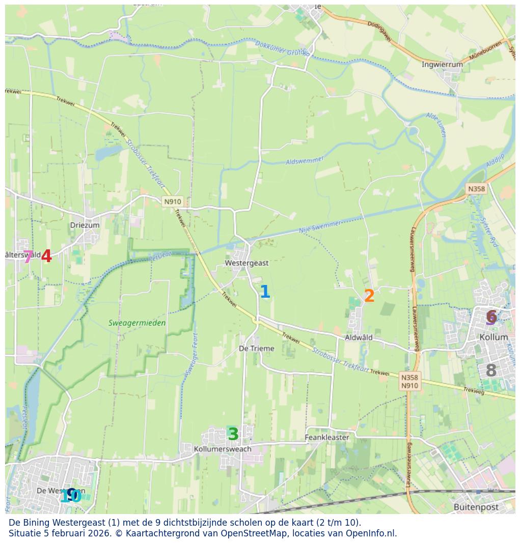 Kaart van de school met de tien dichtsbijzijnde scholen. Hierbij zijn de scholen genummerd van 1 tot en met 10. Nummer 1 is toegekend aan de schoolvestiging zelf: De Bining Westergeast.
