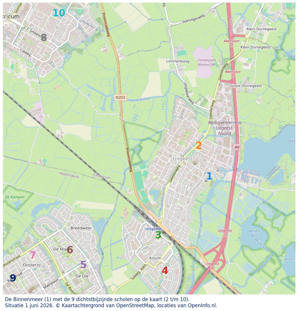 Kaart van de school met de tien dichtsbijzijnde scholen. Hierbij zijn de scholen genummerd van 1 tot en met 10. Nummer 1 is toegekend aan de schoolvestiging zelf: De Binnenmeer.