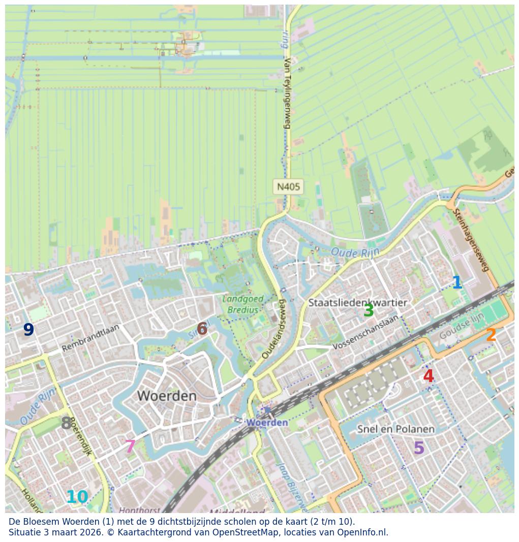 Kaart van de school met de tien dichtsbijzijnde scholen. Hierbij zijn de scholen genummerd van 1 tot en met 10. Nummer 1 is toegekend aan de schoolvestiging zelf: De Bloesem Woerden.