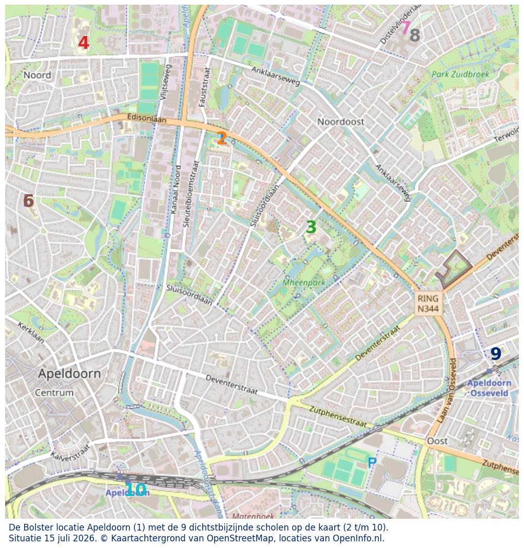 Kaart van de school met de tien dichtsbijzijnde scholen. Hierbij zijn de scholen genummerd van 1 tot en met 10. Nummer 1 is toegekend aan de schoolvestiging zelf: De Bolster locatie Apeldoorn.