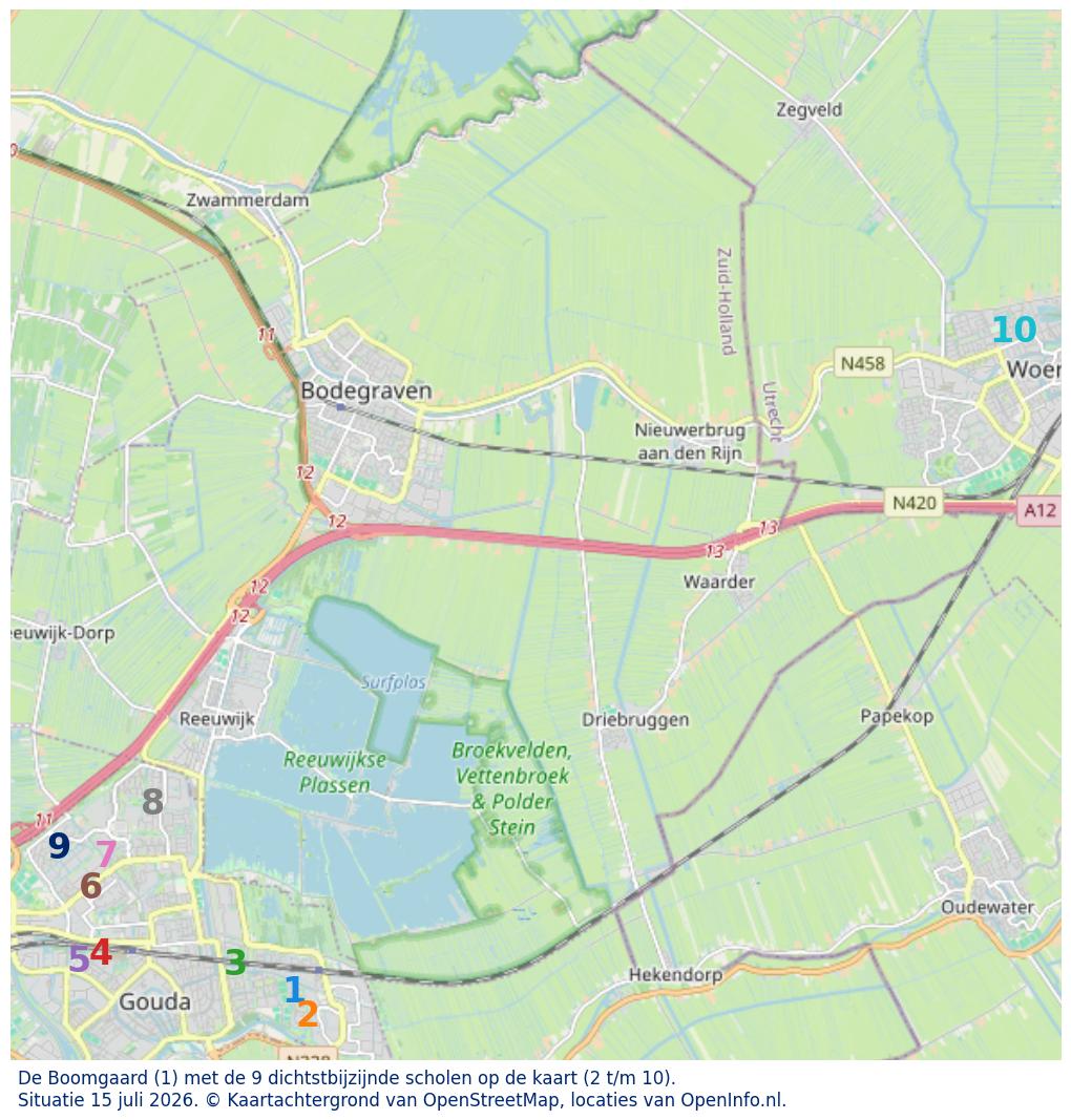 Kaart van de school met de tien dichtsbijzijnde scholen. Hierbij zijn de scholen genummerd van 1 tot en met 10. Nummer 1 is toegekend aan de schoolvestiging zelf: De Boomgaard.