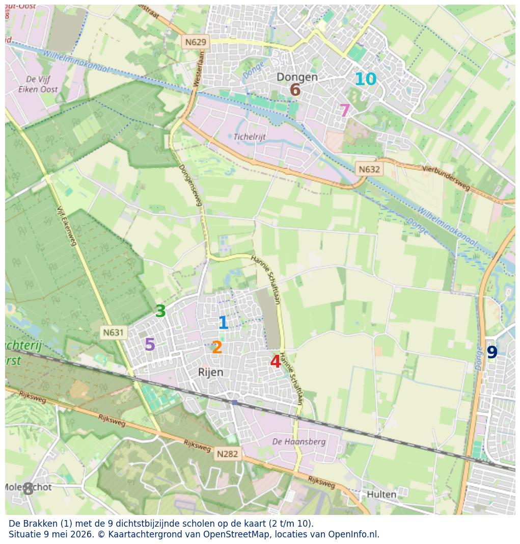 Kaart van de school met de tien dichtsbijzijnde scholen. Hierbij zijn de scholen genummerd van 1 tot en met 10. Nummer 1 is toegekend aan de schoolvestiging zelf: De Brakken.