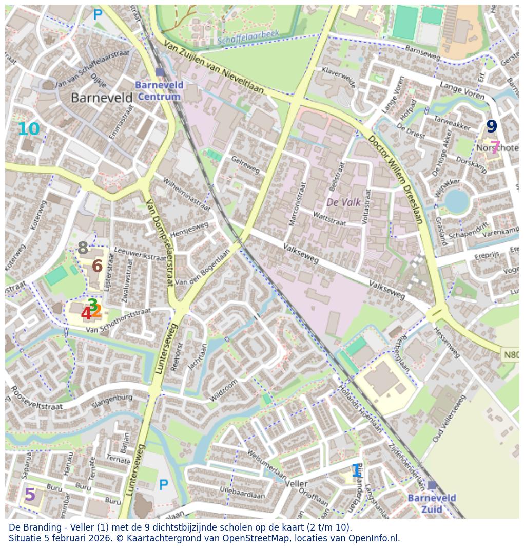 Kaart van de school met de tien dichtsbijzijnde scholen. Hierbij zijn de scholen genummerd van 1 tot en met 10. Nummer 1 is toegekend aan de schoolvestiging zelf: De Branding - Veller.