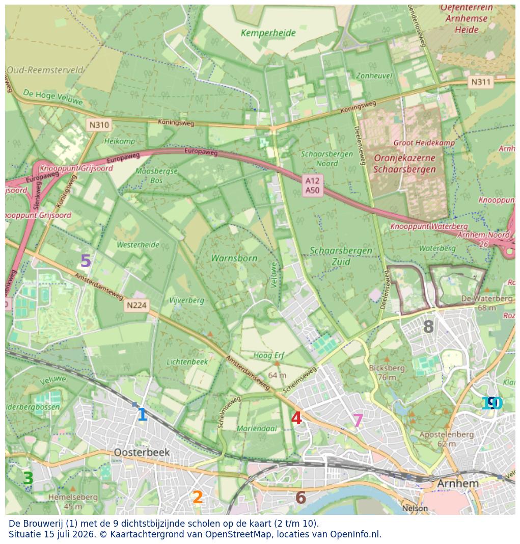 Kaart van de school met de tien dichtsbijzijnde scholen. Hierbij zijn de scholen genummerd van 1 tot en met 10. Nummer 1 is toegekend aan de schoolvestiging zelf: De Brouwerij.