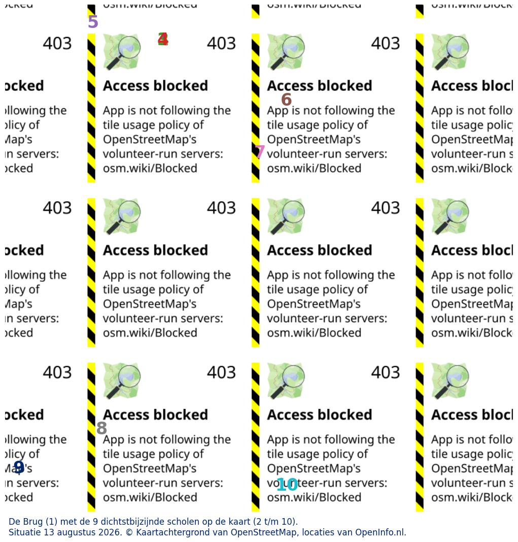 Kaart van de school met de tien dichtsbijzijnde scholen. Hierbij zijn de scholen genummerd van 1 tot en met 10. Nummer 1 is toegekend aan de schoolvestiging zelf: De Brug.