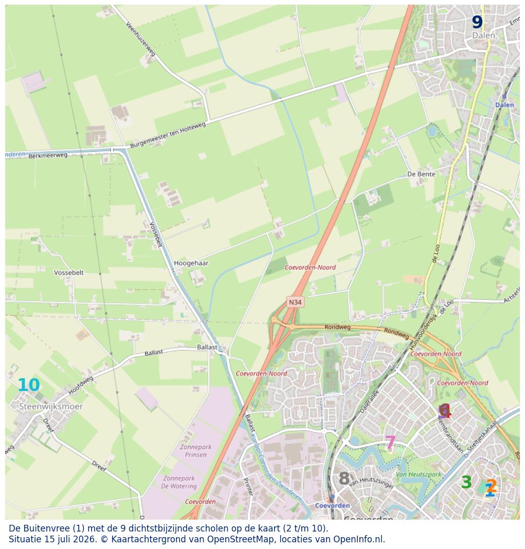 Kaart van de school met de tien dichtsbijzijnde scholen. Hierbij zijn de scholen genummerd van 1 tot en met 10. Nummer 1 is toegekend aan de schoolvestiging zelf: De Buitenvree.