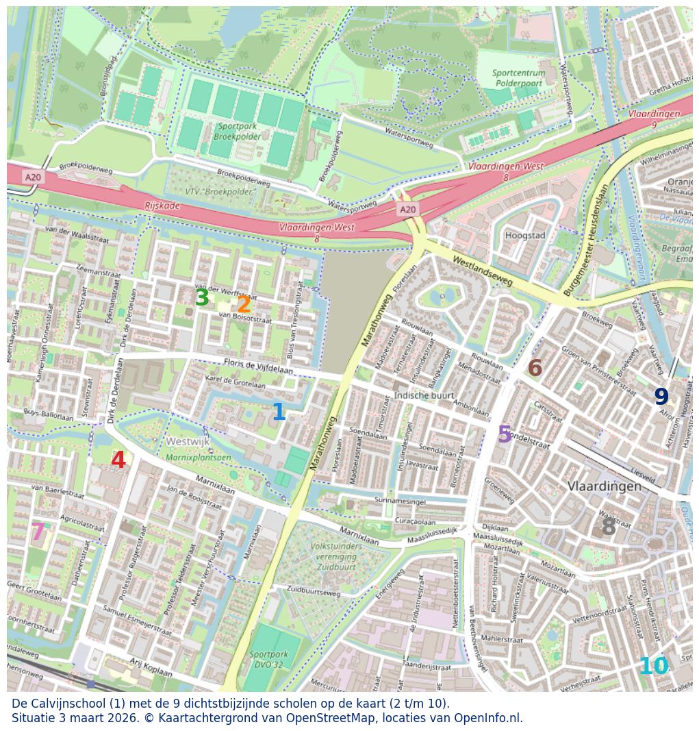 Kaart van de school met de tien dichtsbijzijnde scholen. Hierbij zijn de scholen genummerd van 1 tot en met 10. Nummer 1 is toegekend aan de schoolvestiging zelf: De Calvijnschool.