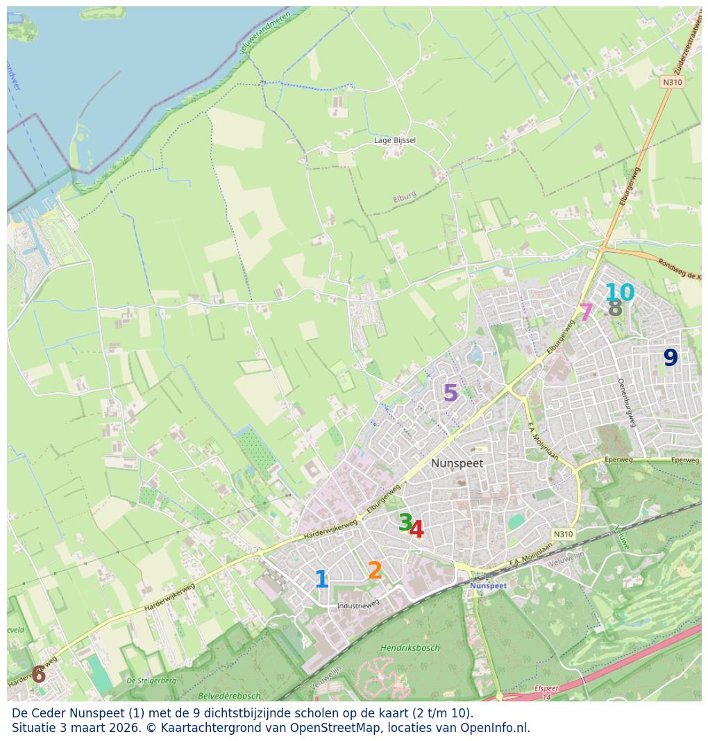 Kaart van de school met de tien dichtsbijzijnde scholen. Hierbij zijn de scholen genummerd van 1 tot en met 10. Nummer 1 is toegekend aan de schoolvestiging zelf: De Ceder Nunspeet.