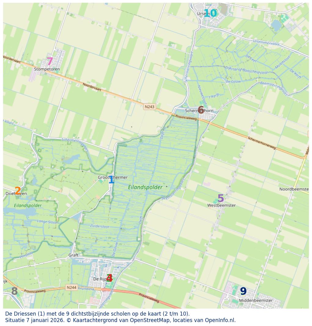 Kaart van de school met de tien dichtsbijzijnde scholen. Hierbij zijn de scholen genummerd van 1 tot en met 10. Nummer 1 is toegekend aan de schoolvestiging zelf: De Driessen.