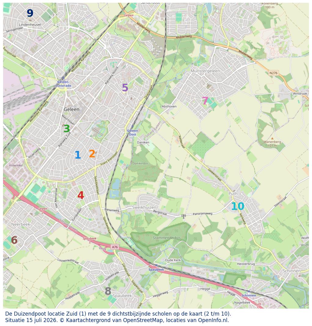 Kaart van de school met de tien dichtsbijzijnde scholen. Hierbij zijn de scholen genummerd van 1 tot en met 10. Nummer 1 is toegekend aan de schoolvestiging zelf: De Duizendpoot locatie Zuid.