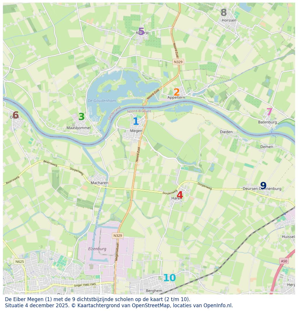 Kaart van de school met de tien dichtsbijzijnde scholen. Hierbij zijn de scholen genummerd van 1 tot en met 10. Nummer 1 is toegekend aan de schoolvestiging zelf: De Eiber Megen.