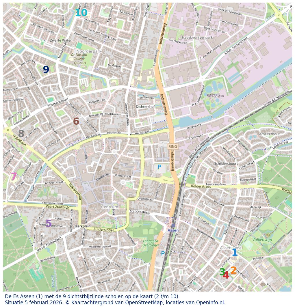 Kaart van de school met de tien dichtsbijzijnde scholen. Hierbij zijn de scholen genummerd van 1 tot en met 10. Nummer 1 is toegekend aan de schoolvestiging zelf: De Es Assen.