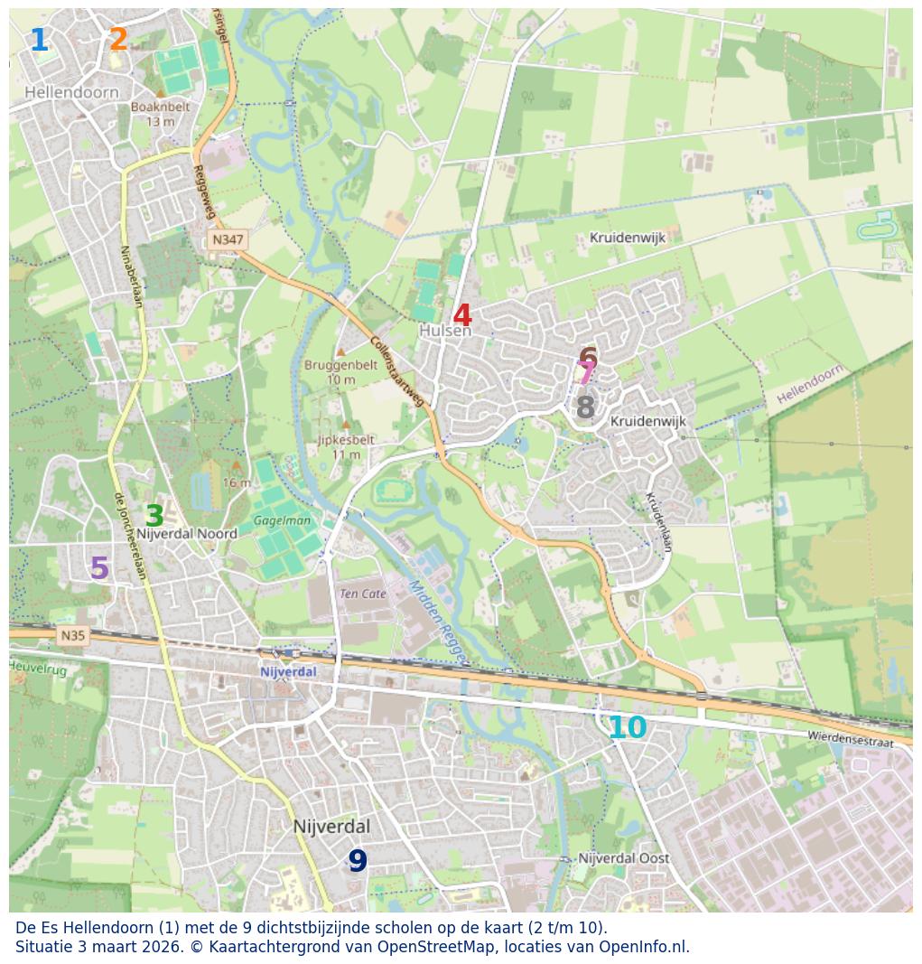 Kaart van de school met de tien dichtsbijzijnde scholen. Hierbij zijn de scholen genummerd van 1 tot en met 10. Nummer 1 is toegekend aan de schoolvestiging zelf: De Es Hellendoorn.