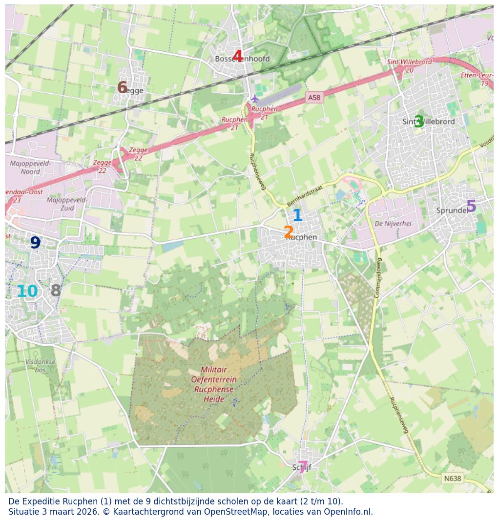 Kaart van de school met de tien dichtsbijzijnde scholen. Hierbij zijn de scholen genummerd van 1 tot en met 10. Nummer 1 is toegekend aan de schoolvestiging zelf: De Expeditie Rucphen.