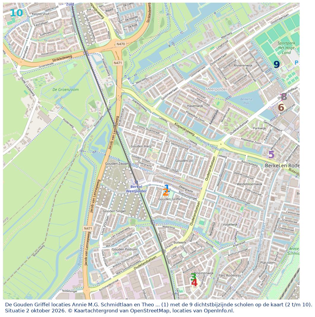 Kaart van de school met de tien dichtstbijzijnde scholen. Hierbij zijn de scholen genummerd van 1 tot en met 10. Nummer 1 is toegekend aan de schoolvestiging zelf: De Gouden Griffel locaties Annie M.G. Schmidtlaan en Theo d’Orsingel.