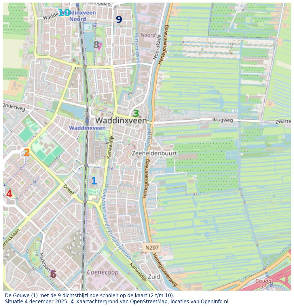 Kaart van de school met de tien dichtsbijzijnde scholen. Hierbij zijn de scholen genummerd van 1 tot en met 10. Nummer 1 is toegekend aan de schoolvestiging zelf: De Gouwe.