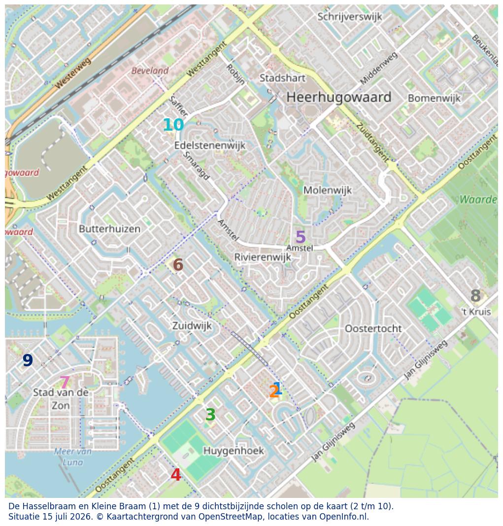 Kaart van de school met de tien dichtsbijzijnde scholen. Hierbij zijn de scholen genummerd van 1 tot en met 10. Nummer 1 is toegekend aan de schoolvestiging zelf: De Hasselbraam en Kleine Braam.
