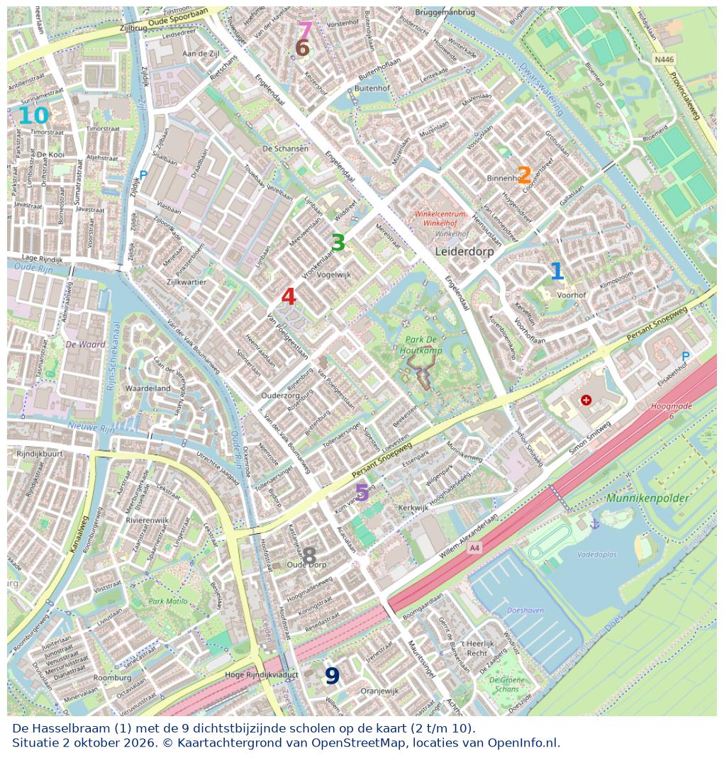 Kaart van de school met de tien dichtstbijzijnde scholen. Hierbij zijn de scholen genummerd van 1 tot en met 10. Nummer 1 is toegekend aan de schoolvestiging zelf: De Hasselbraam.