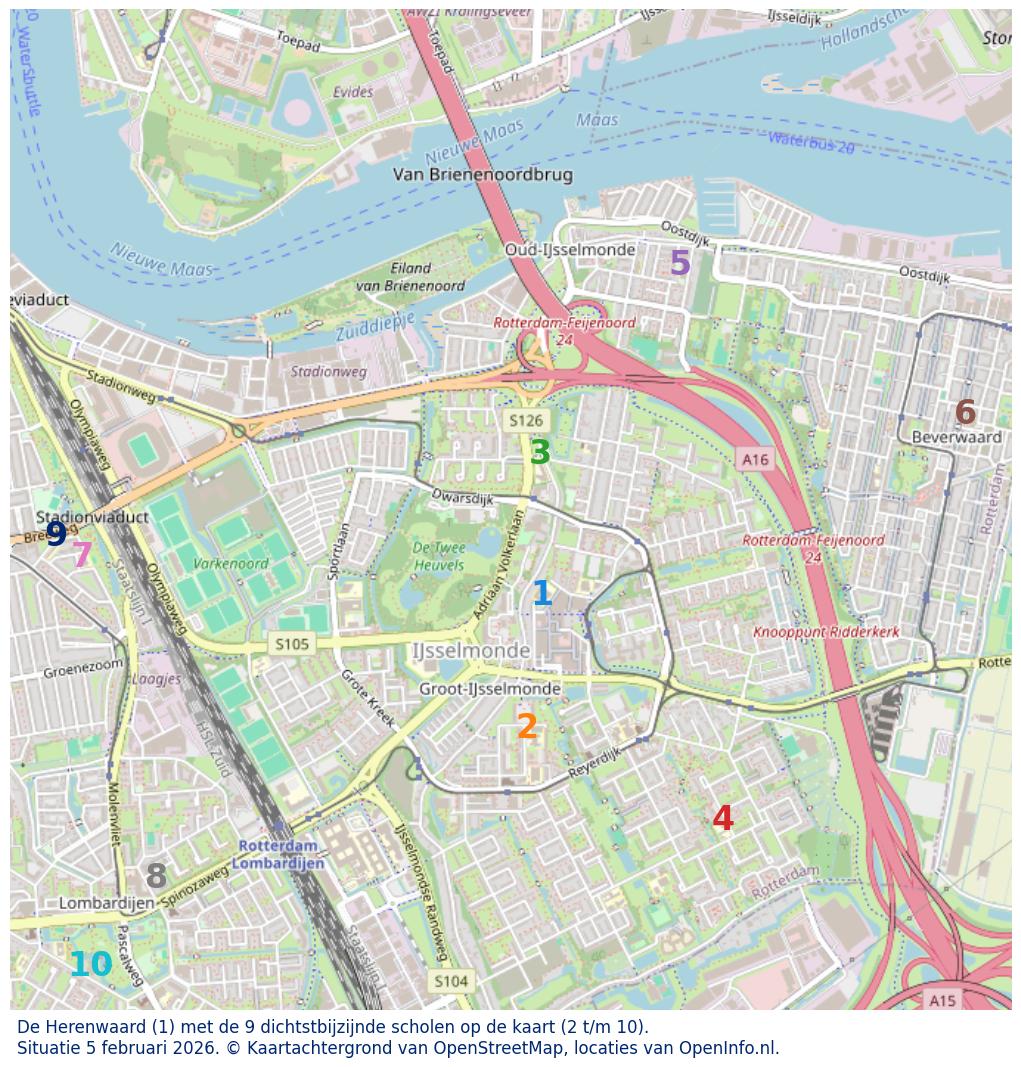 Kaart van de school met de tien dichtsbijzijnde scholen. Hierbij zijn de scholen genummerd van 1 tot en met 10. Nummer 1 is toegekend aan de schoolvestiging zelf: De Herenwaard.