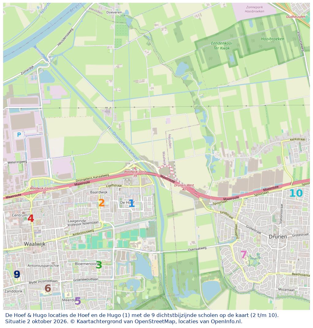 Kaart van de school met de tien dichtstbijzijnde scholen. Hierbij zijn de scholen genummerd van 1 tot en met 10. Nummer 1 is toegekend aan de schoolvestiging zelf: De Hoef & Hugo locaties de Hoef en de Hugo.