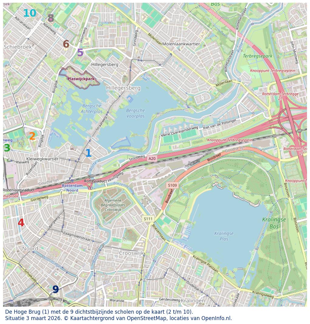 Kaart van de school met de tien dichtsbijzijnde scholen. Hierbij zijn de scholen genummerd van 1 tot en met 10. Nummer 1 is toegekend aan de schoolvestiging zelf: De Hoge Brug.