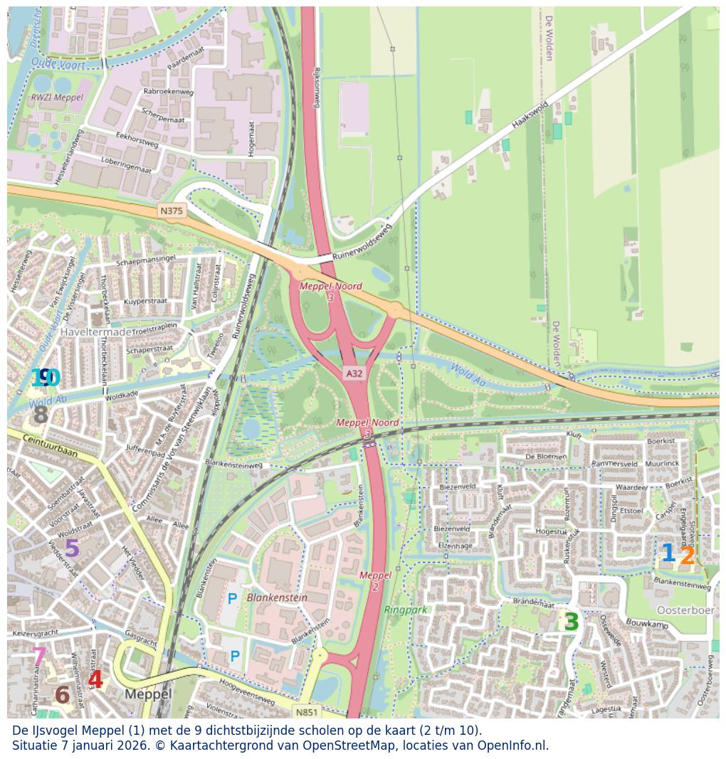 Kaart van de school met de tien dichtsbijzijnde scholen. Hierbij zijn de scholen genummerd van 1 tot en met 10. Nummer 1 is toegekend aan de schoolvestiging zelf: De IJsvogel Meppel.