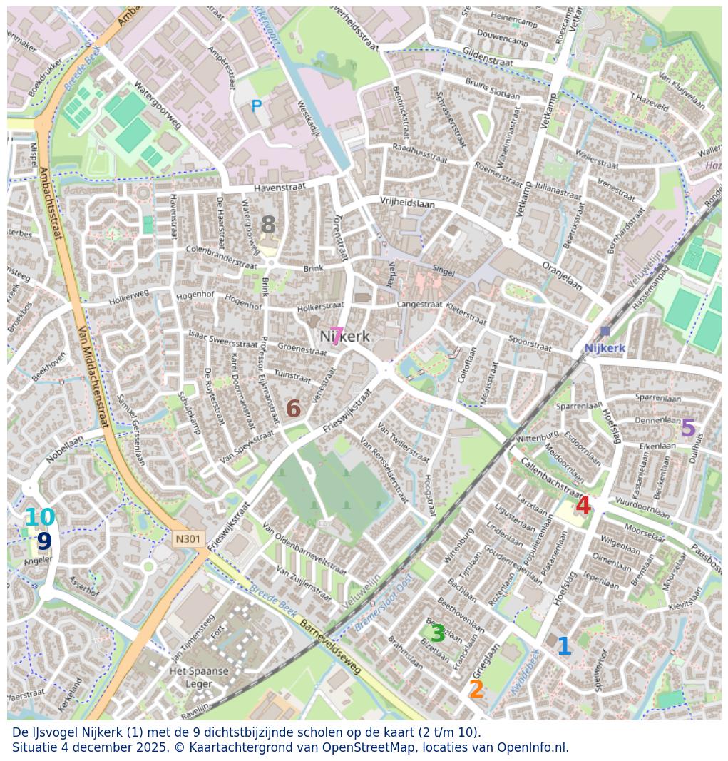 Kaart van de school met de tien dichtsbijzijnde scholen. Hierbij zijn de scholen genummerd van 1 tot en met 10. Nummer 1 is toegekend aan de schoolvestiging zelf: De IJsvogel Nijkerk.