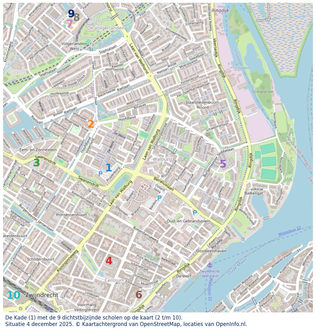Kaart van de school met de tien dichtsbijzijnde scholen. Hierbij zijn de scholen genummerd van 1 tot en met 10. Nummer 1 is toegekend aan de schoolvestiging zelf: De Kade.