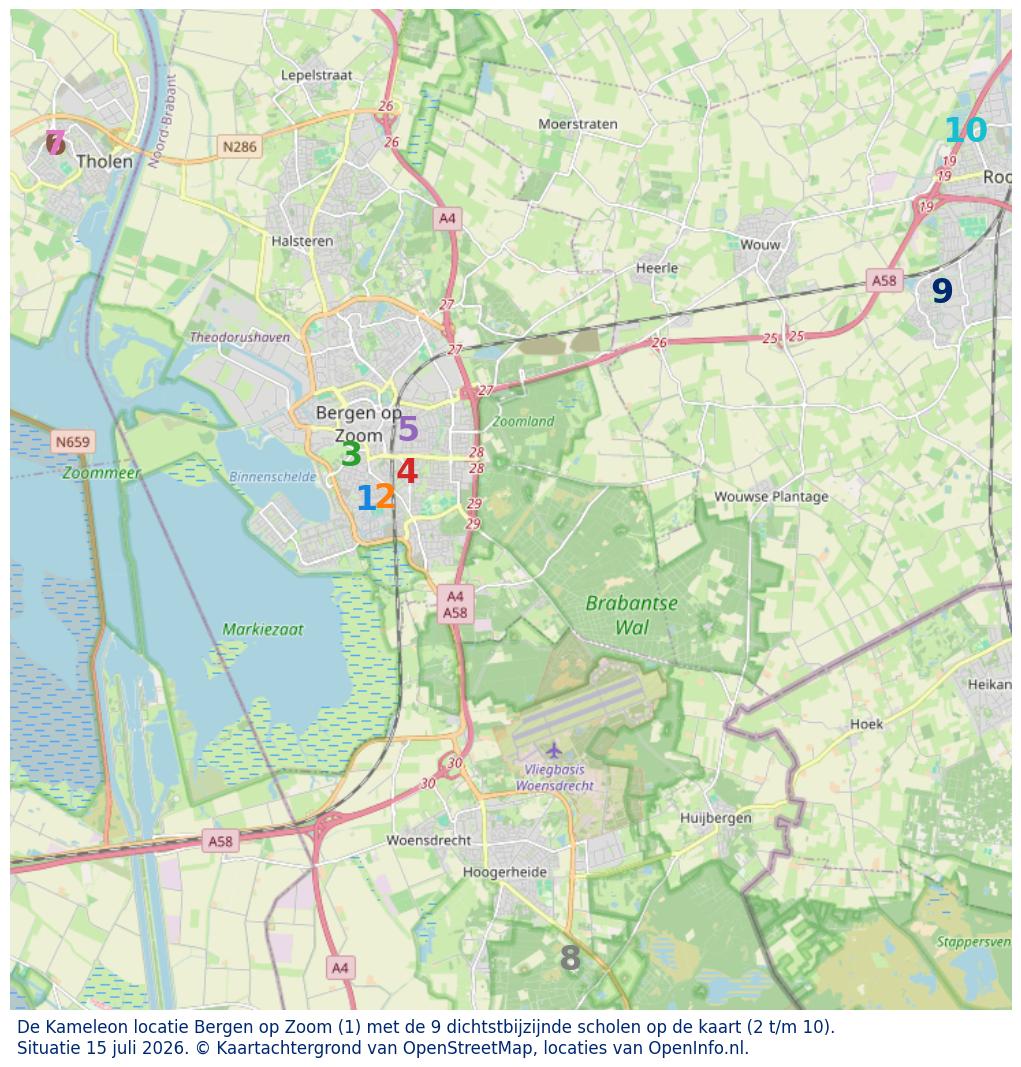 Kaart van de school met de tien dichtsbijzijnde scholen. Hierbij zijn de scholen genummerd van 1 tot en met 10. Nummer 1 is toegekend aan de schoolvestiging zelf: De Kameleon locatie Bergen op Zoom.