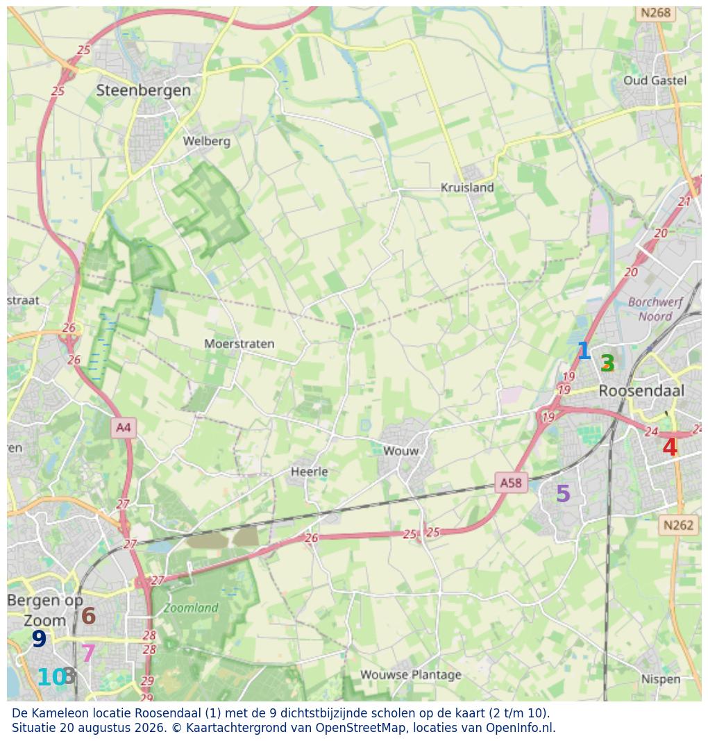Kaart van de school met de tien dichtstbijzijnde scholen. Hierbij zijn de scholen genummerd van 1 tot en met 10. Nummer 1 is toegekend aan de schoolvestiging zelf: De Kameleon locatie Roosendaal.
