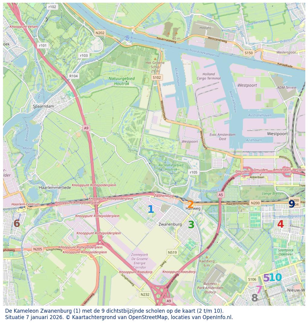Kaart van de school met de tien dichtsbijzijnde scholen. Hierbij zijn de scholen genummerd van 1 tot en met 10. Nummer 1 is toegekend aan de schoolvestiging zelf: De Kameleon Zwanenburg.