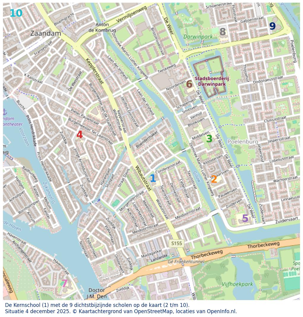 Kaart van de school met de tien dichtsbijzijnde scholen. Hierbij zijn de scholen genummerd van 1 tot en met 10. Nummer 1 is toegekend aan de schoolvestiging zelf: De Kernschool.