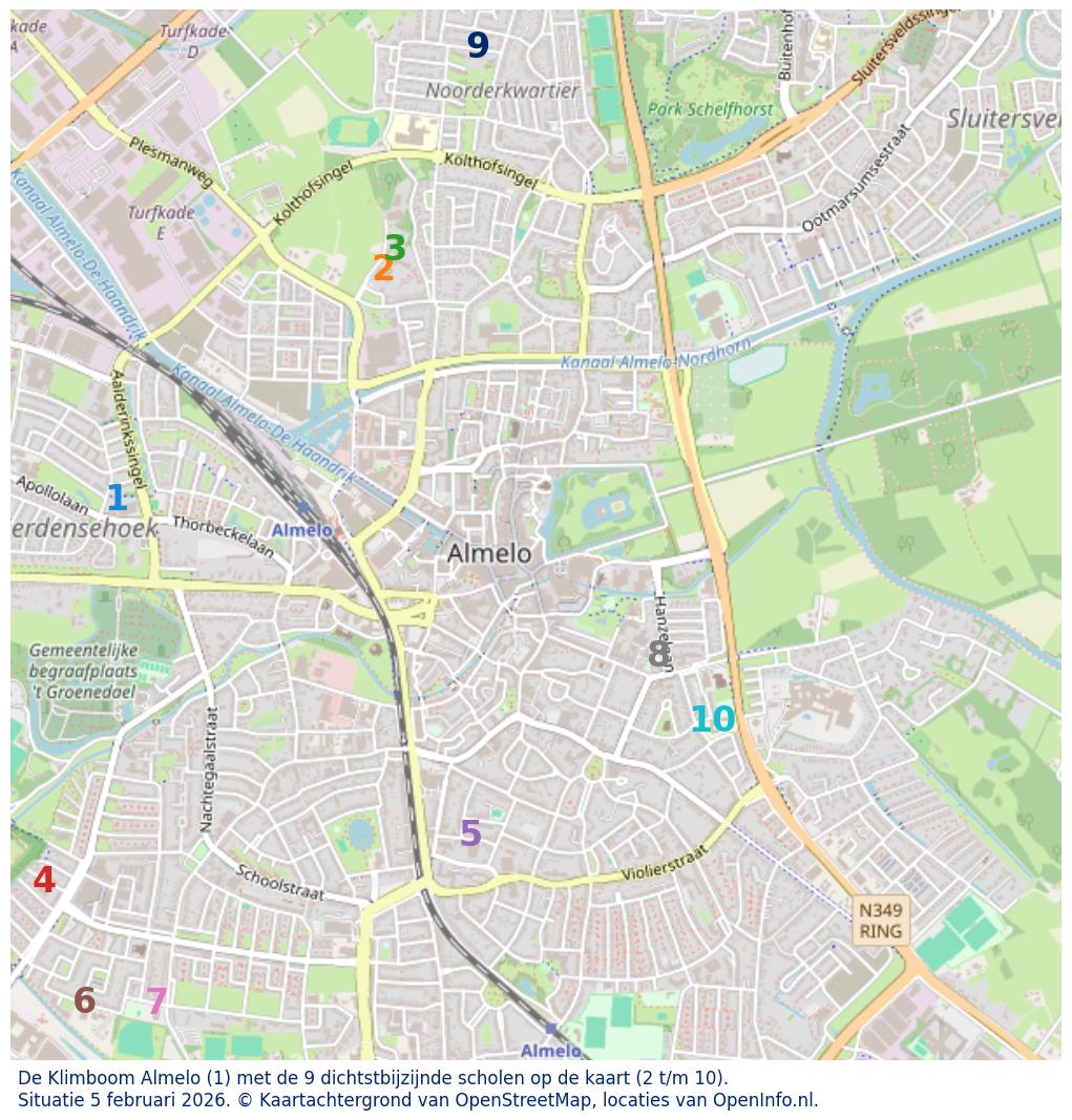Kaart van de school met de tien dichtsbijzijnde scholen. Hierbij zijn de scholen genummerd van 1 tot en met 10. Nummer 1 is toegekend aan de schoolvestiging zelf: De Klimboom Almelo.