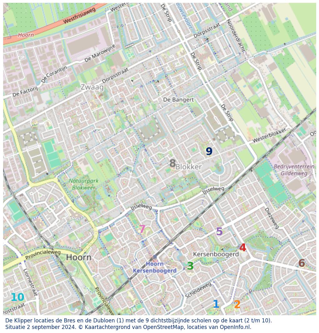 Kaart van de school met de tien dichtsbijzijnde scholen. Hierbij zijn de scholen genummerd van 1 tot en met 10. Nummer 1 is toegekend aan de schoolvestiging zelf: De Klipper locaties de Bres en de Dubloen.