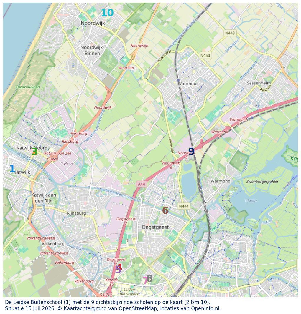 Kaart van de school met de tien dichtsbijzijnde scholen. Hierbij zijn de scholen genummerd van 1 tot en met 10. Nummer 1 is toegekend aan de schoolvestiging zelf: De Leidse Buitenschool.