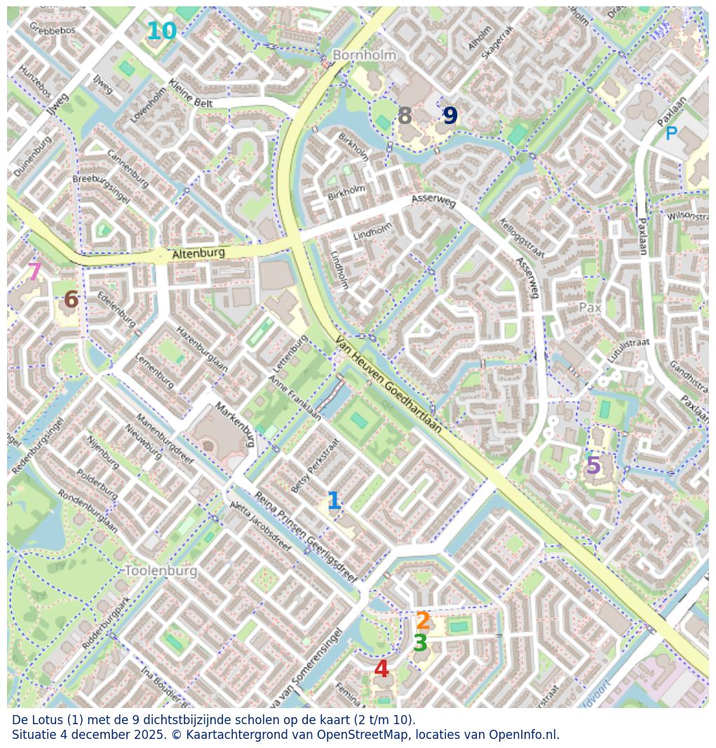 Kaart van de school met de tien dichtsbijzijnde scholen. Hierbij zijn de scholen genummerd van 1 tot en met 10. Nummer 1 is toegekend aan de schoolvestiging zelf: De Lotus.