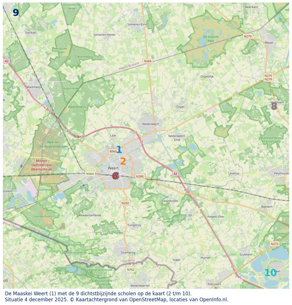 Kaart van de school met de tien dichtsbijzijnde scholen. Hierbij zijn de scholen genummerd van 1 tot en met 10. Nummer 1 is toegekend aan de schoolvestiging zelf: De Maaskei Weert.
