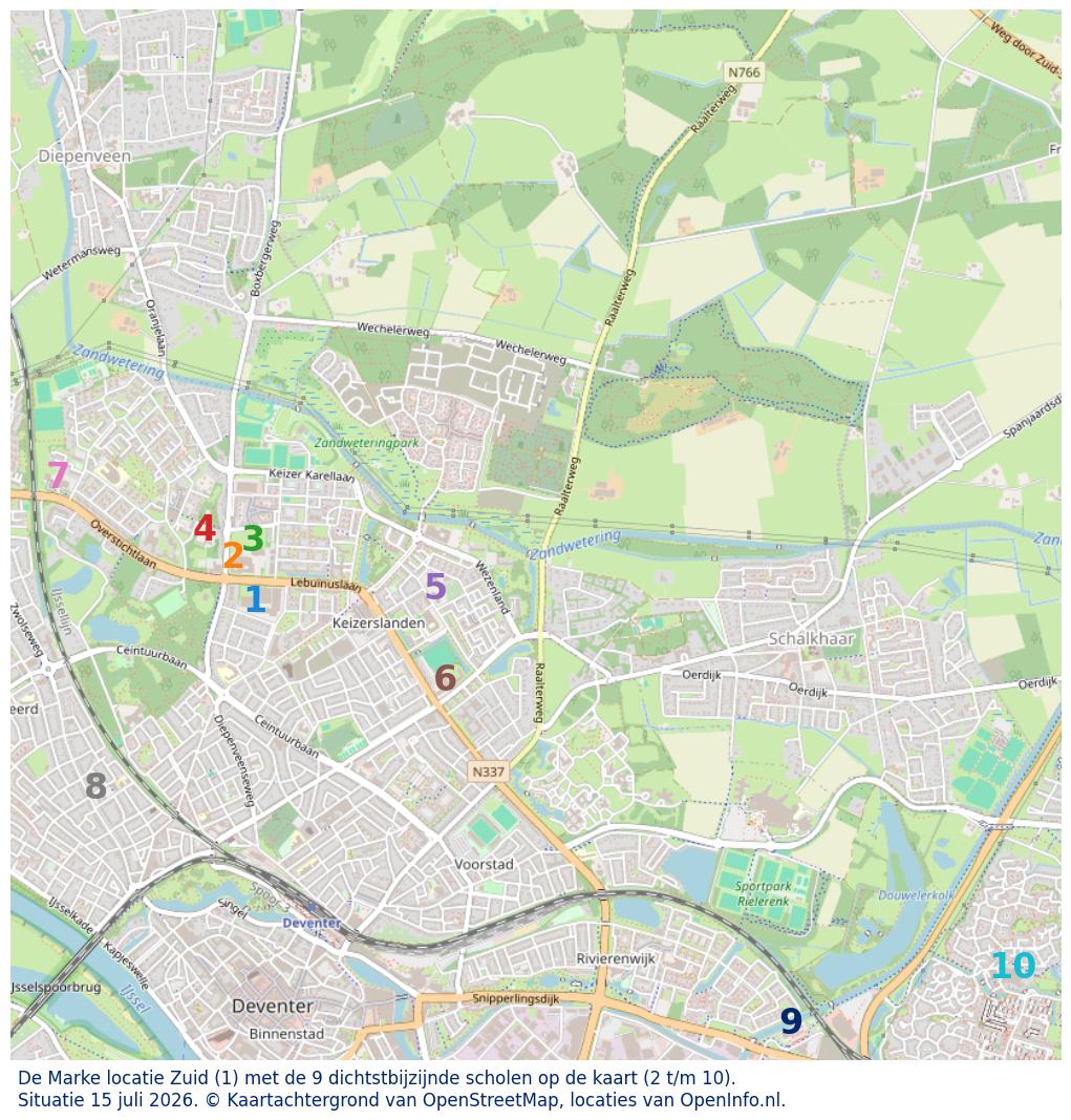 Kaart van de school met de tien dichtsbijzijnde scholen. Hierbij zijn de scholen genummerd van 1 tot en met 10. Nummer 1 is toegekend aan de schoolvestiging zelf: De Marke locatie Zuid.