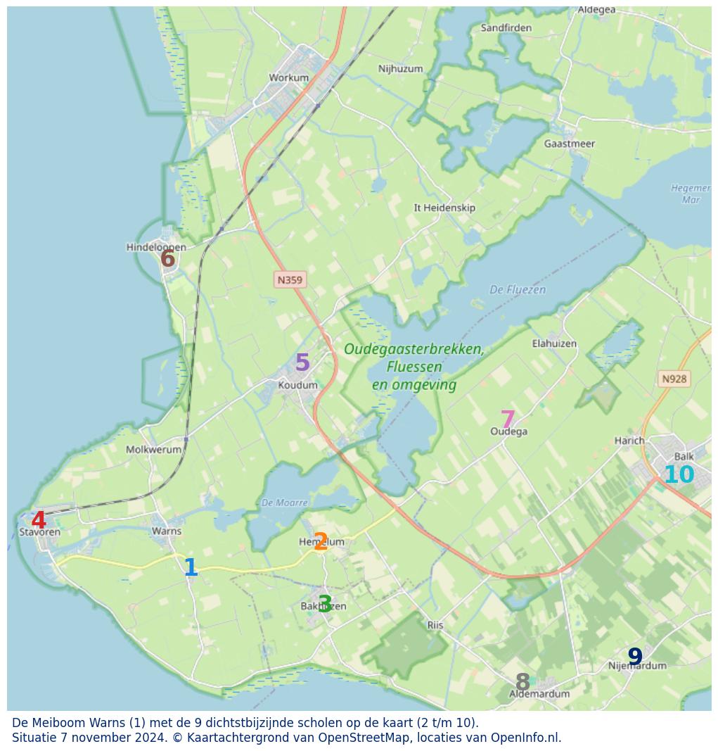 Kaart van de school met de tien dichtsbijzijnde scholen. Hierbij zijn de scholen genummerd van 1 tot en met 10. Nummer 1 is toegekend aan de schoolvestiging zelf: De Meiboom Warns.