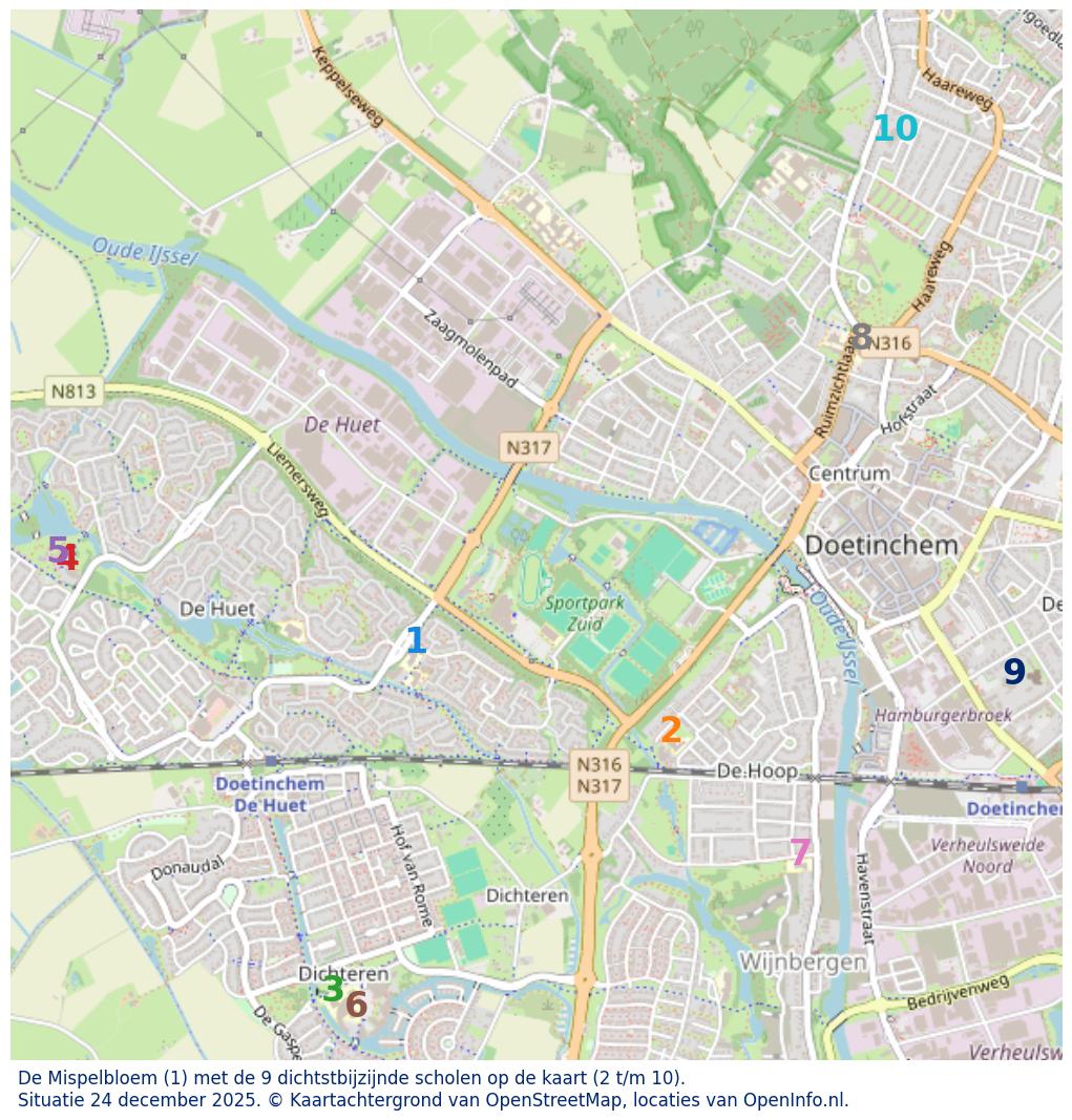 Kaart van de school met de tien dichtsbijzijnde scholen. Hierbij zijn de scholen genummerd van 1 tot en met 10. Nummer 1 is toegekend aan de schoolvestiging zelf: De Mispelbloem.