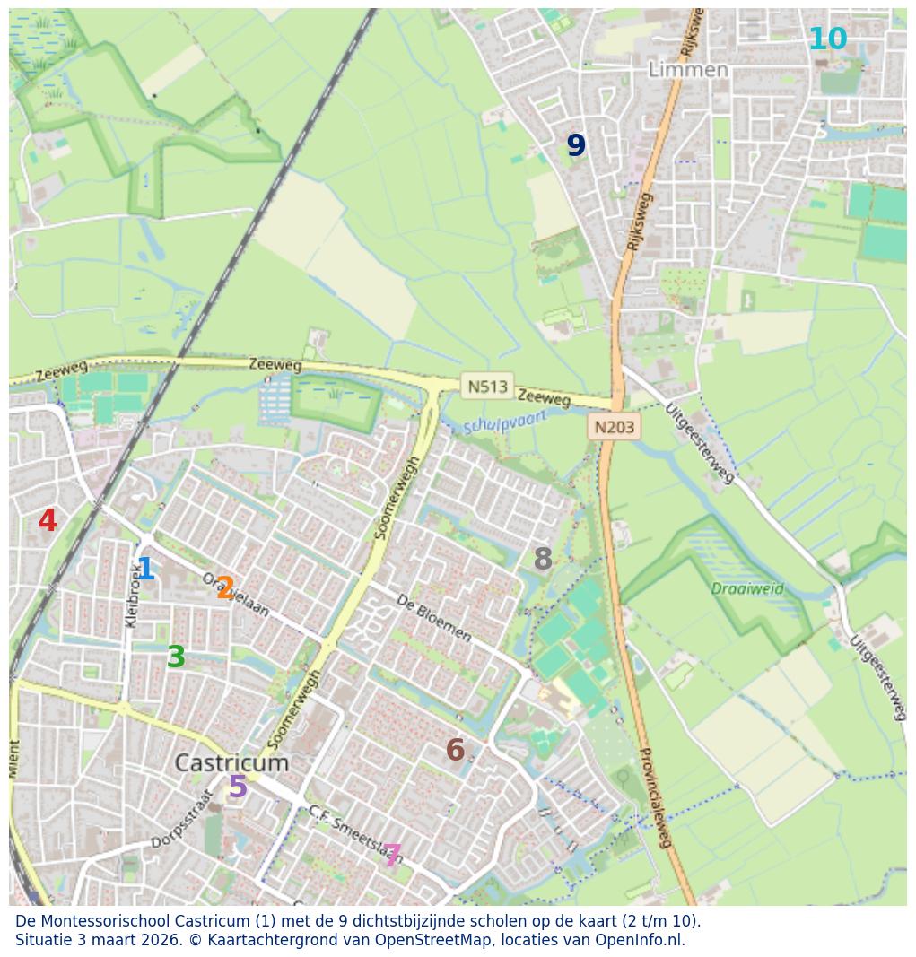 Kaart van de school met de tien dichtsbijzijnde scholen. Hierbij zijn de scholen genummerd van 1 tot en met 10. Nummer 1 is toegekend aan de schoolvestiging zelf: De Montessorischool Castricum.