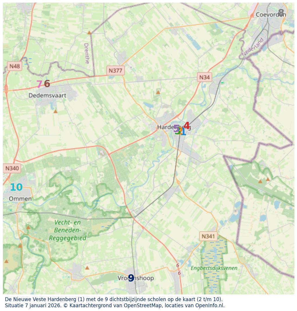 Kaart van de school met de tien dichtsbijzijnde scholen. Hierbij zijn de scholen genummerd van 1 tot en met 10. Nummer 1 is toegekend aan de schoolvestiging zelf: De Nieuwe Veste Hardenberg.
