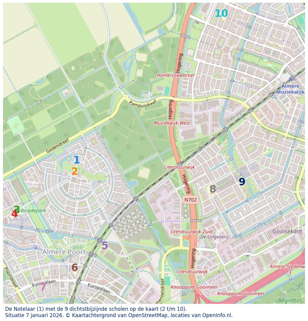 Kaart van de school met de tien dichtsbijzijnde scholen. Hierbij zijn de scholen genummerd van 1 tot en met 10. Nummer 1 is toegekend aan de schoolvestiging zelf: De Notelaar.