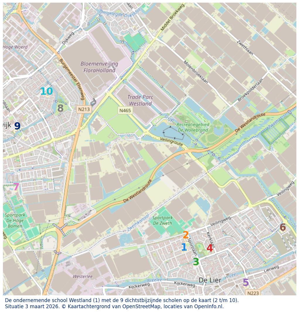 Kaart van de school met de tien dichtsbijzijnde scholen. Hierbij zijn de scholen genummerd van 1 tot en met 10. Nummer 1 is toegekend aan de schoolvestiging zelf: De ondernemende school Westland.