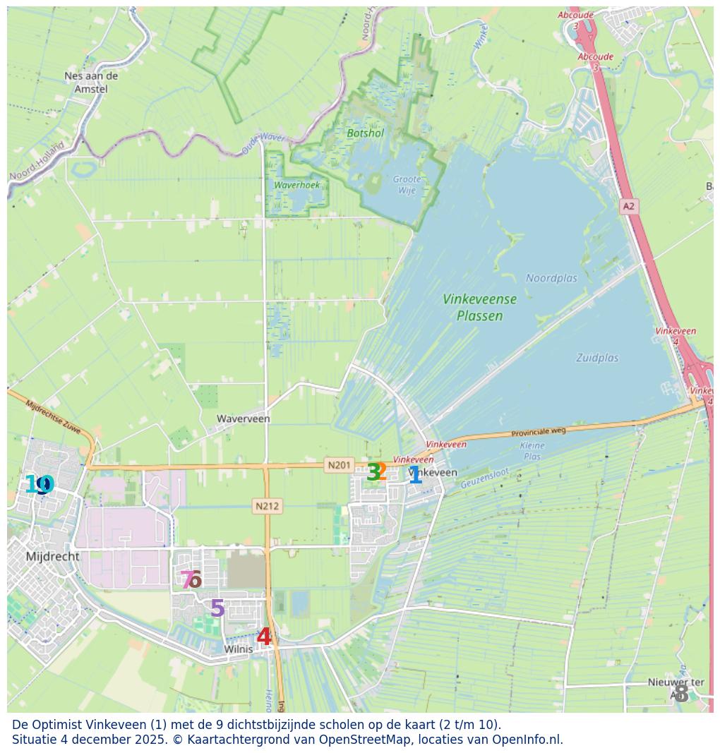 Kaart van de school met de tien dichtsbijzijnde scholen. Hierbij zijn de scholen genummerd van 1 tot en met 10. Nummer 1 is toegekend aan de schoolvestiging zelf: De Optimist Vinkeveen.