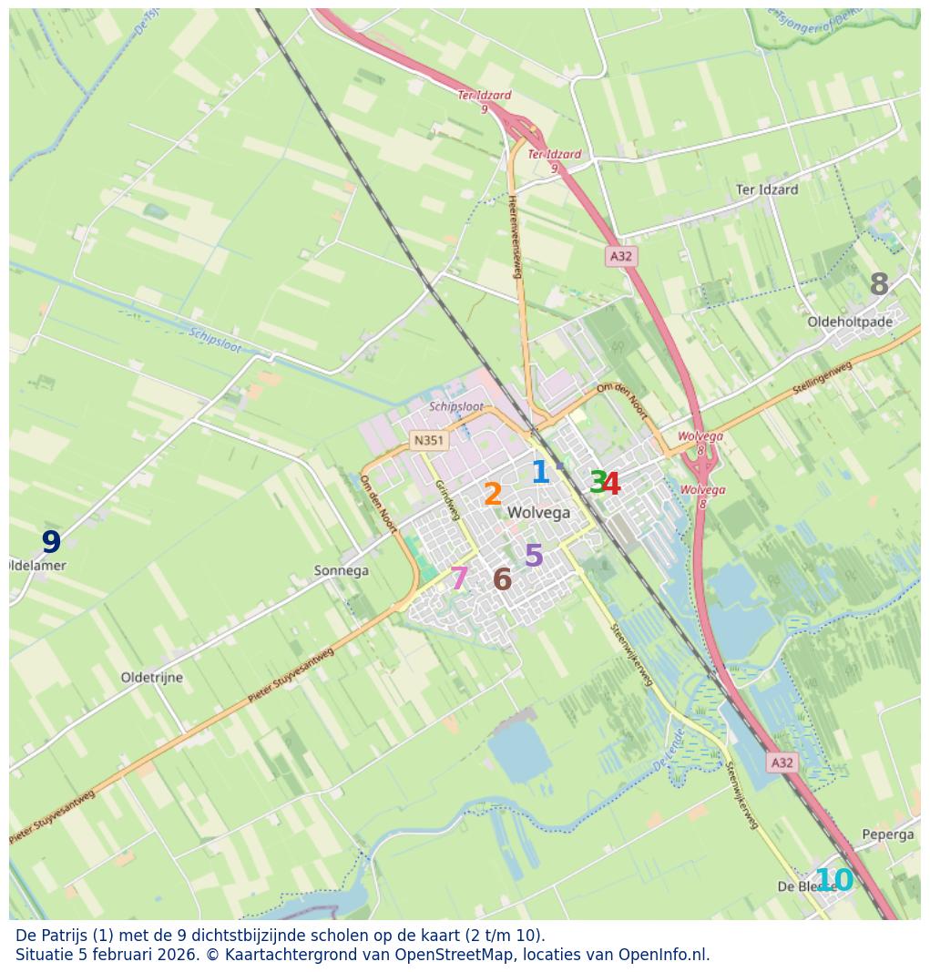 Kaart van de school met de tien dichtsbijzijnde scholen. Hierbij zijn de scholen genummerd van 1 tot en met 10. Nummer 1 is toegekend aan de schoolvestiging zelf: De Patrijs.