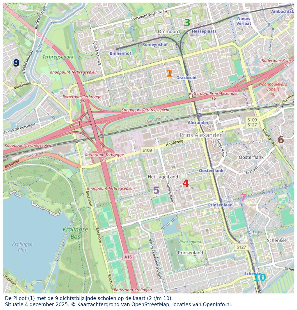 Kaart van de school met de tien dichtsbijzijnde scholen. Hierbij zijn de scholen genummerd van 1 tot en met 10. Nummer 1 is toegekend aan de schoolvestiging zelf: De Piloot.