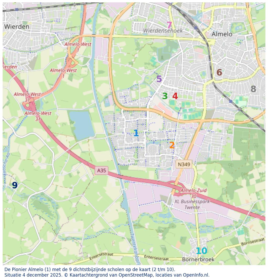 Kaart van de school met de tien dichtsbijzijnde scholen. Hierbij zijn de scholen genummerd van 1 tot en met 10. Nummer 1 is toegekend aan de schoolvestiging zelf: De Pionier Almelo.